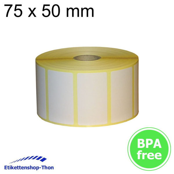 Thermodirekt - Haftetiketten auf Rolle - 75 x 50 mm - 1500 Stück - Hülse 40 mm - permanent haftend - weiß - außen